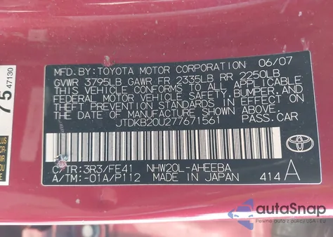 2007 Toyota Prius z USA, uszkodzony, nr VIN JTDKB20U277671561
